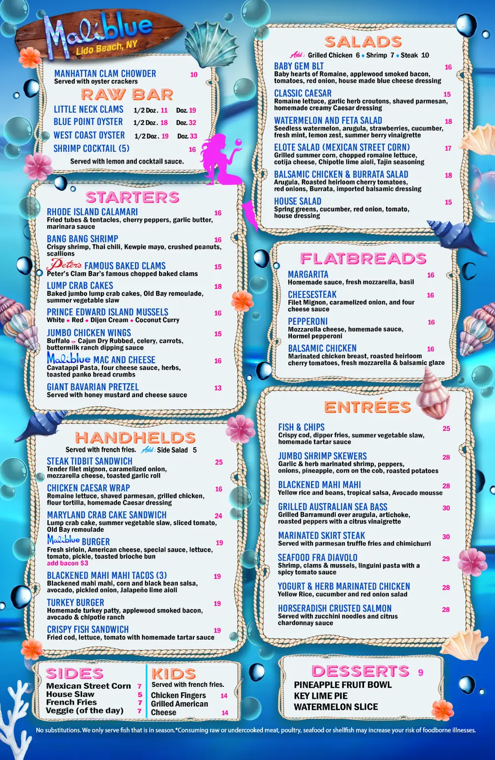 Maliblue Restaurant Menu